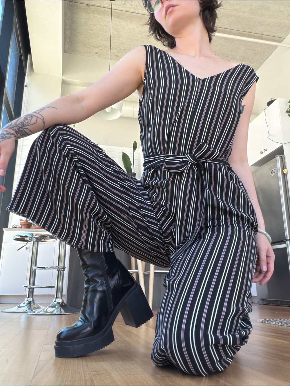 Max Studio Black Jumpsuit with White & Pink Stripes